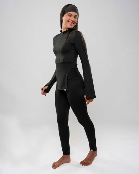 Black Tailored Blouse & Leggings Set with Beige Headband by A&B