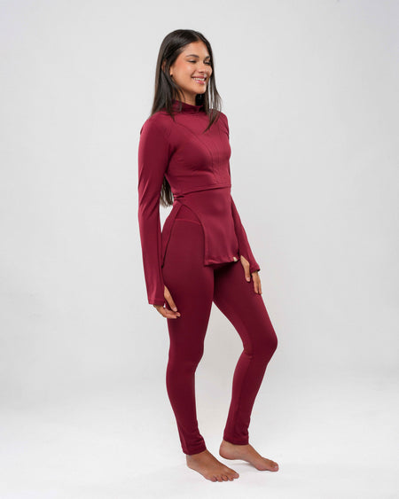 Burgundy Tailored Blouse & Leggings Set with Black Parka & Reversible Scrunchie by A&B