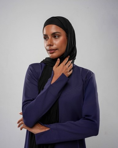 Navy Longline Tunic & Wide-Leg Pants Set with Black Hijab Scarf & Black Headband by A&B