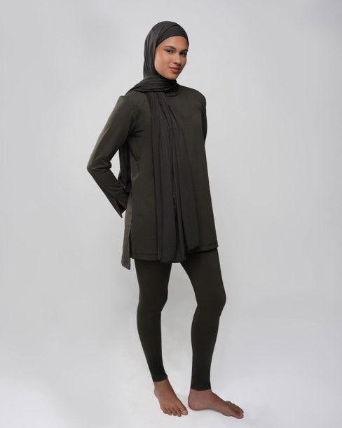 Olive Longline Tunic & Leggings Set with Dark Green Hijab Scarf & Dark Green Headband by A&B