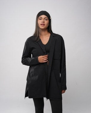 Black V-Neck Top & Leggings Set with Parka by A&B