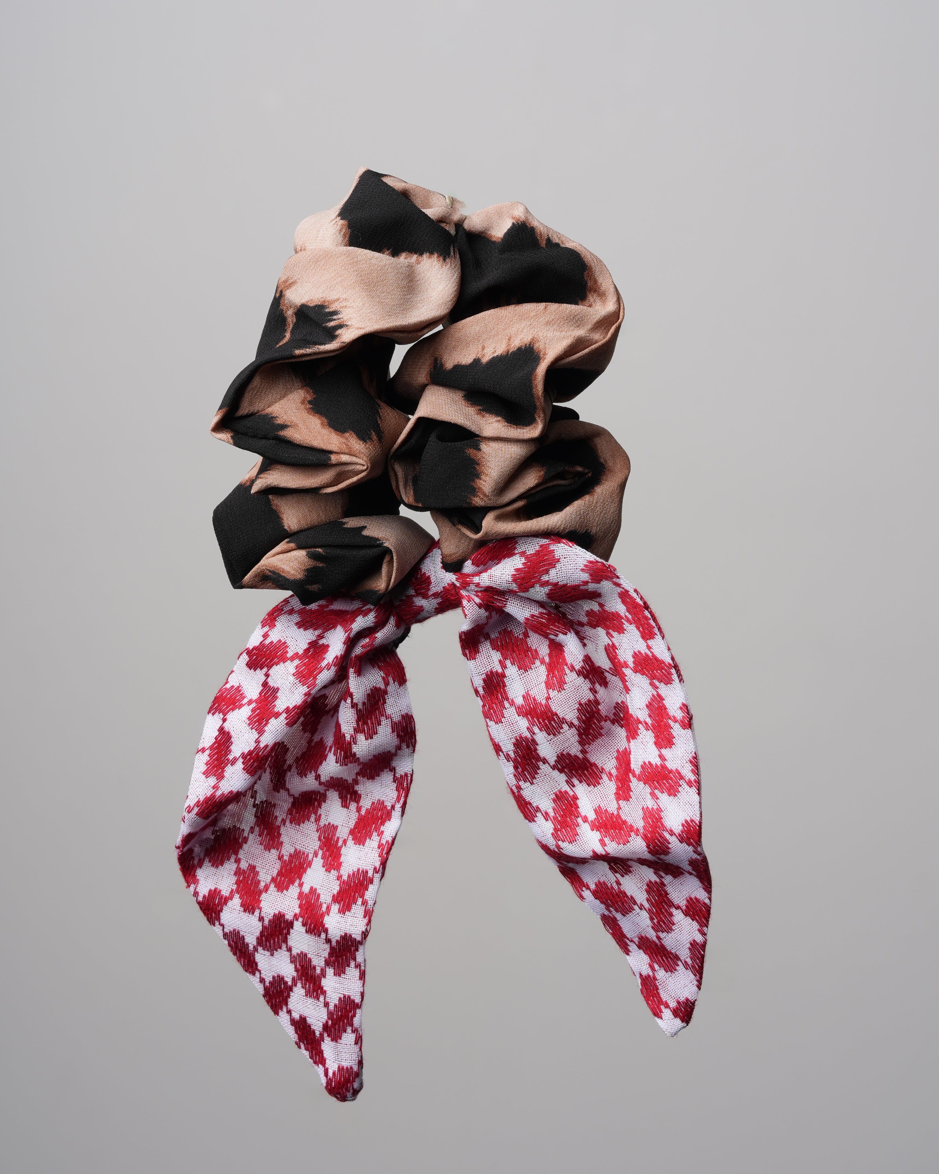 A&B Leopard and Shumagh Statement Scrunchie with leopard print and red Shumagh tails