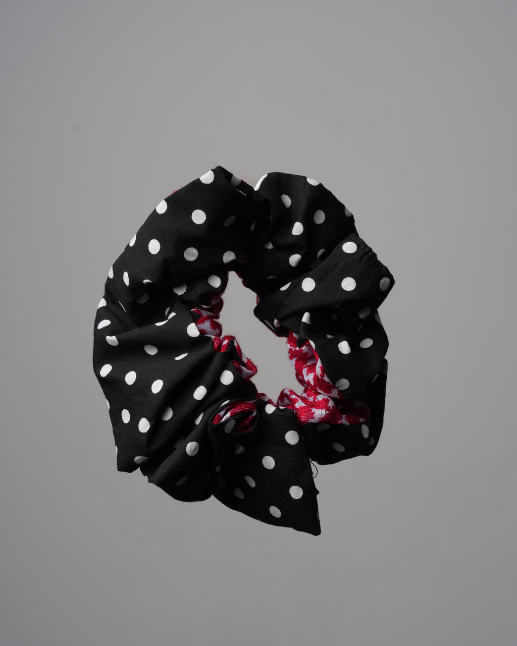 A&B Reversible Shumagh Statement Scrunchie with polka dots and red Shumagh fabric