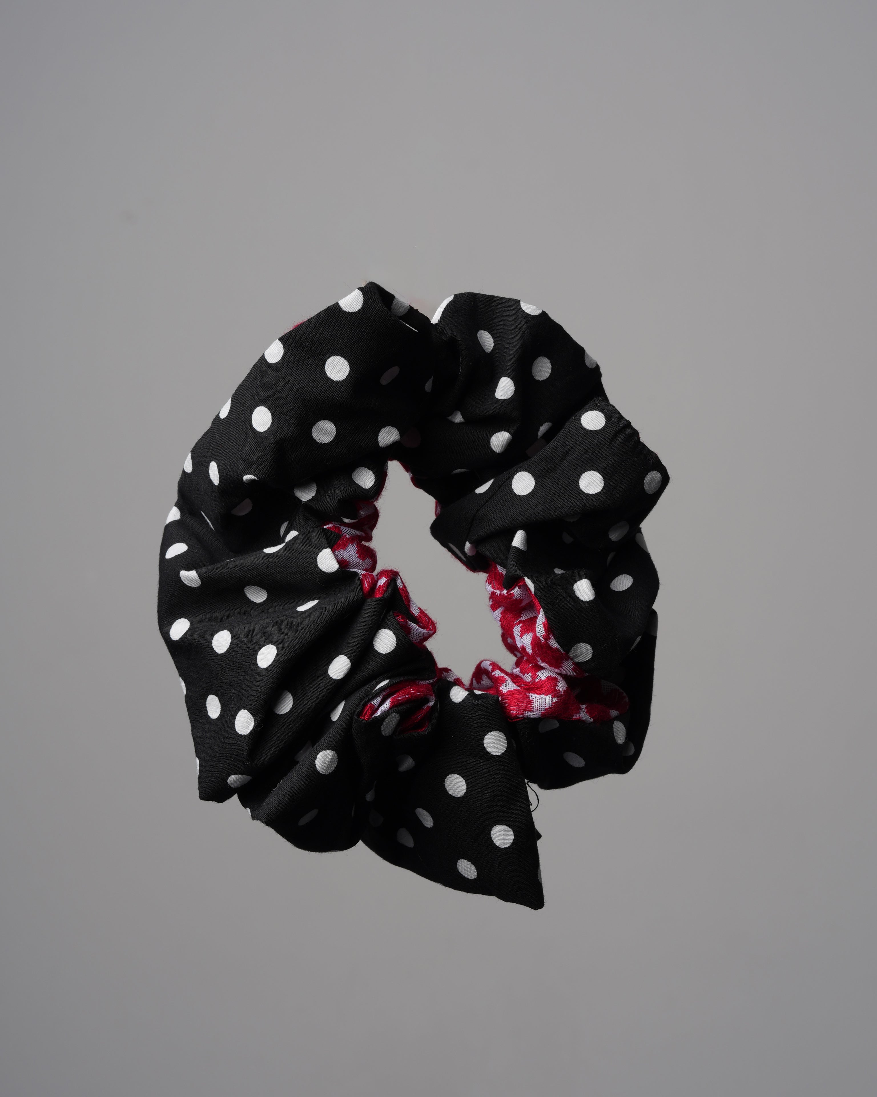 A&B Reversible Shumagh Statement Scrunchie with polka dots and red Shumagh fabric